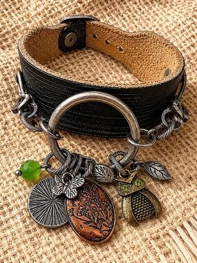 Black Leather Charm Bracelet with Owl and Leaf Accents